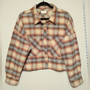 Miss Posh Tan Plaid Button-Up Cropped Long Sleeve Flannel Shirt Sz XL
